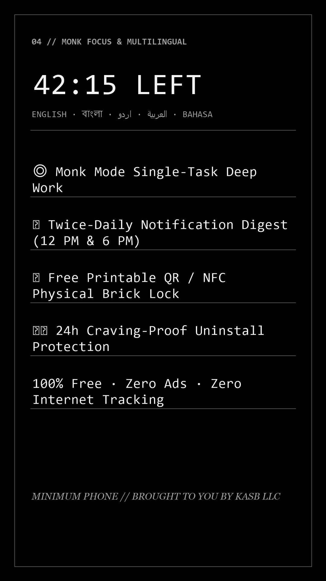 Minimum Phone Monk Mode, Notification Digest & Physical QR Key